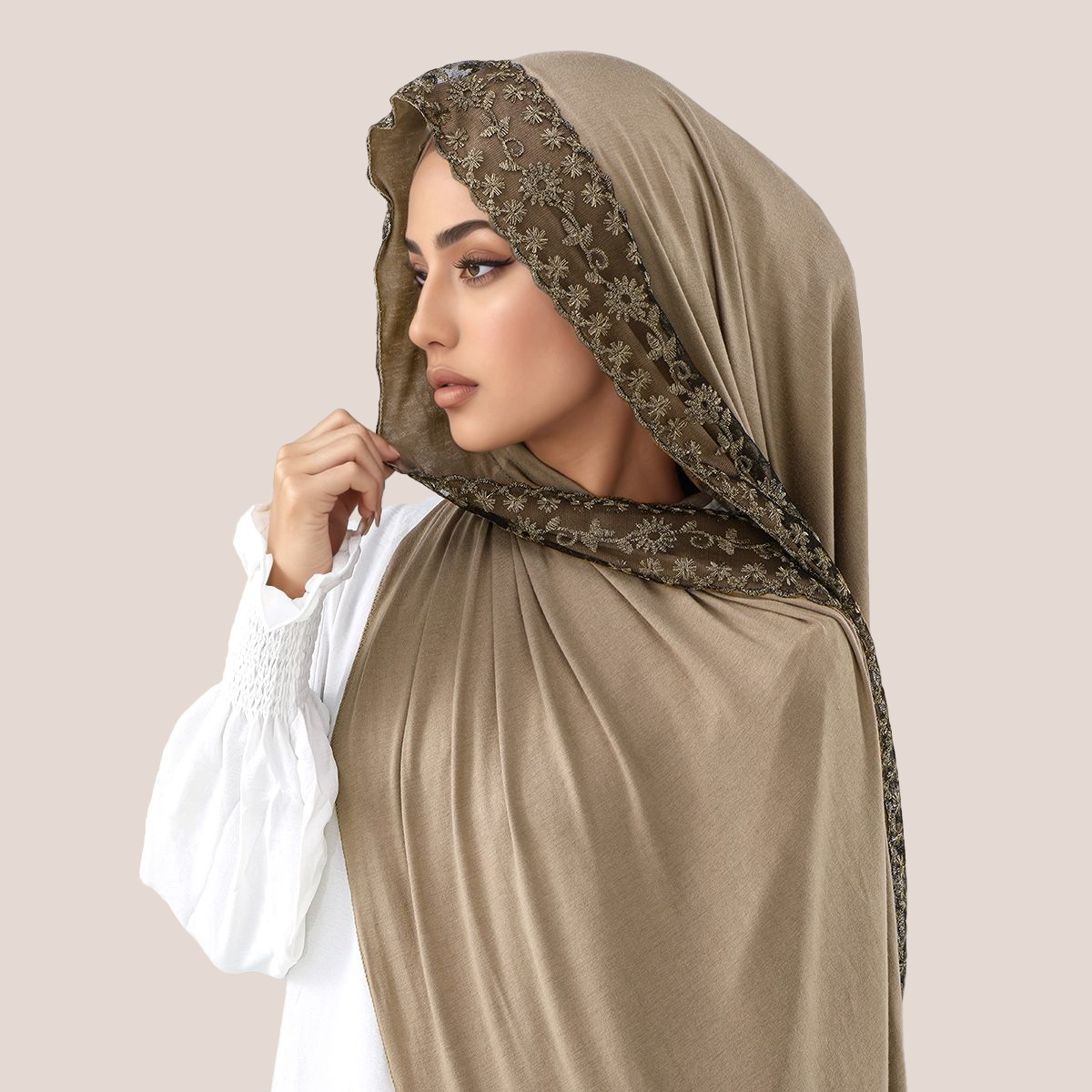 Embroidery Lace - Dentelle broderie coton Jersey musulman Hijab