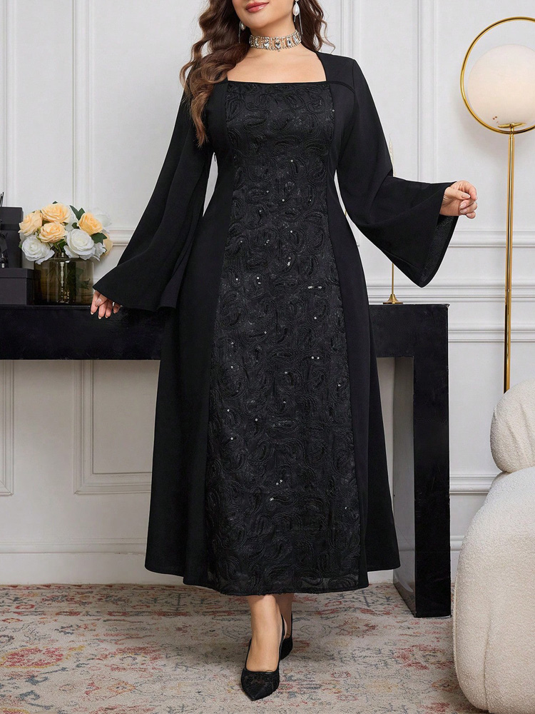 GIBSIE – robe noire à manches  - Embroidery Motif avis et prix