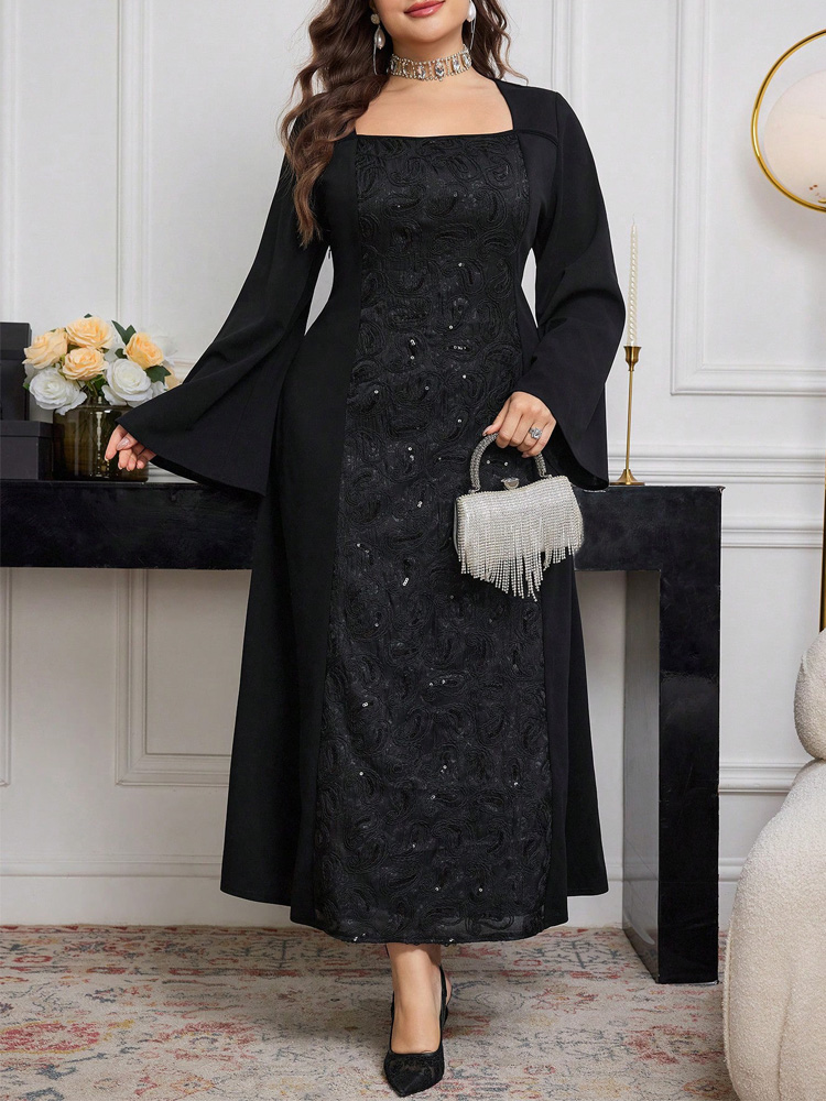 GIBSIE – robe noire à manches  - Embroidery Motif avis et prix